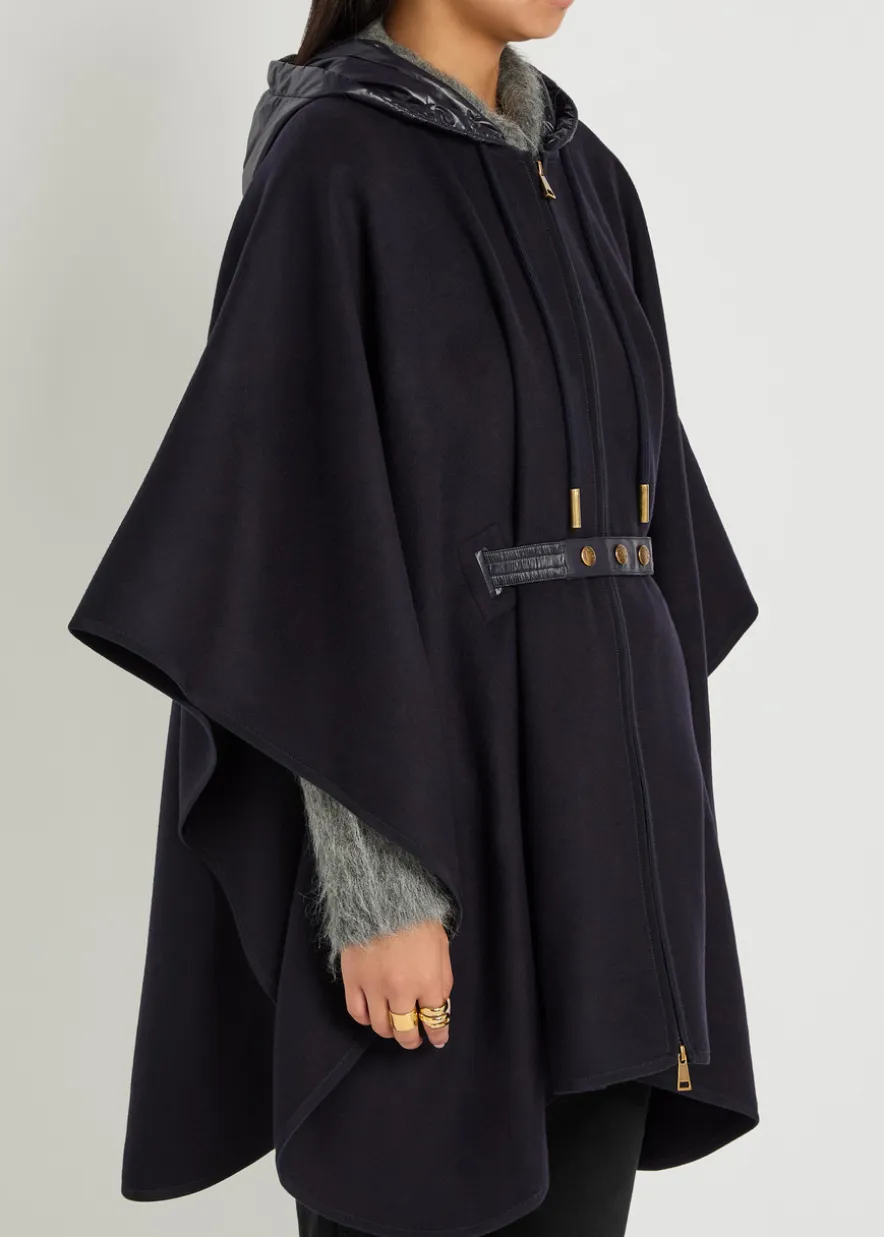 Hooded belted wool-blend cape coat