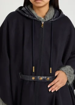 Hooded belted wool-blend cape coat