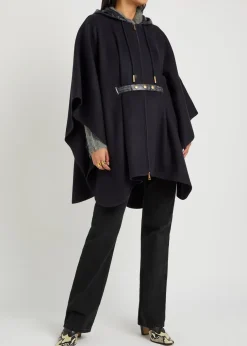 Hooded belted wool-blend cape coat
