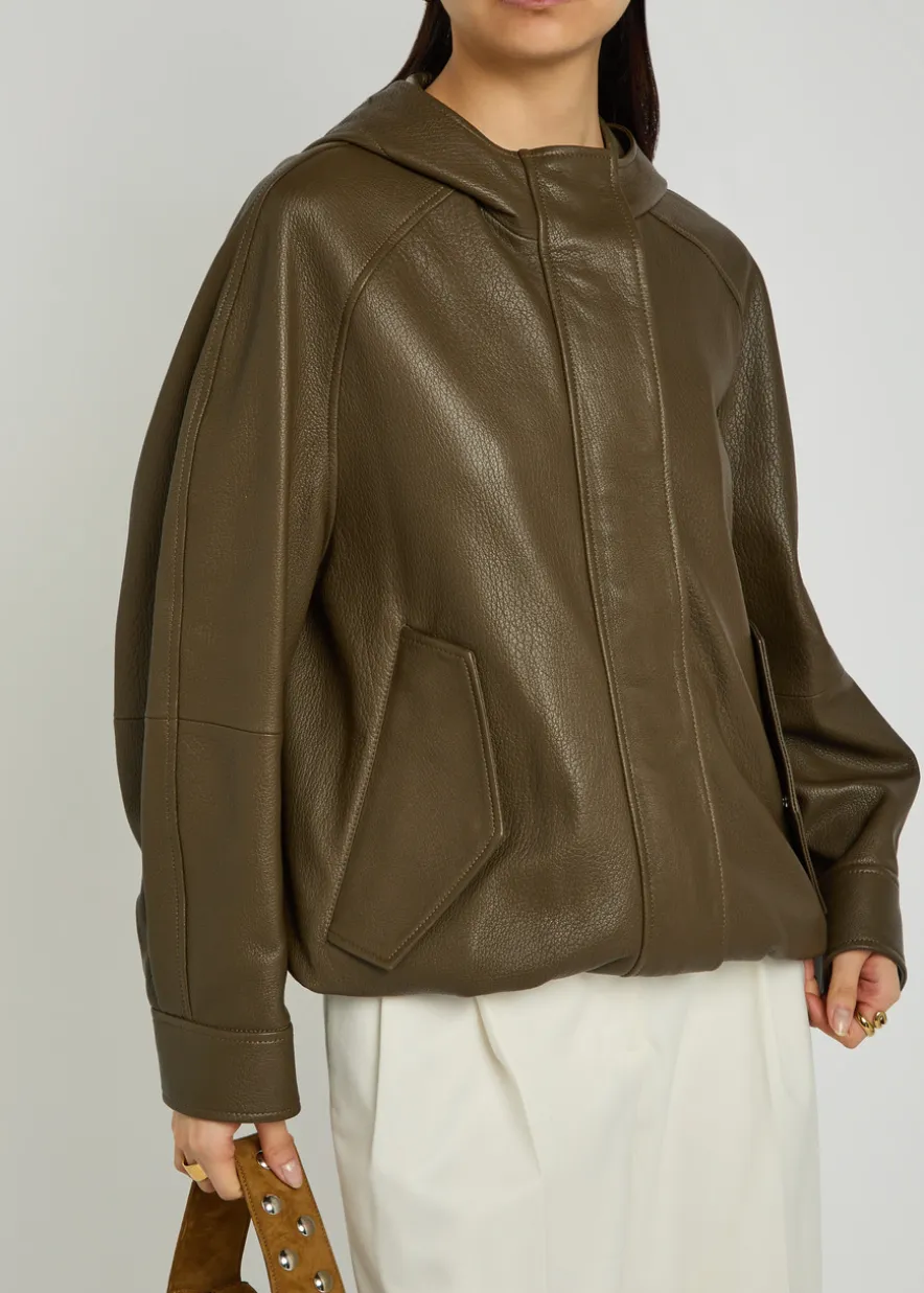 Hooded grained leather jacket