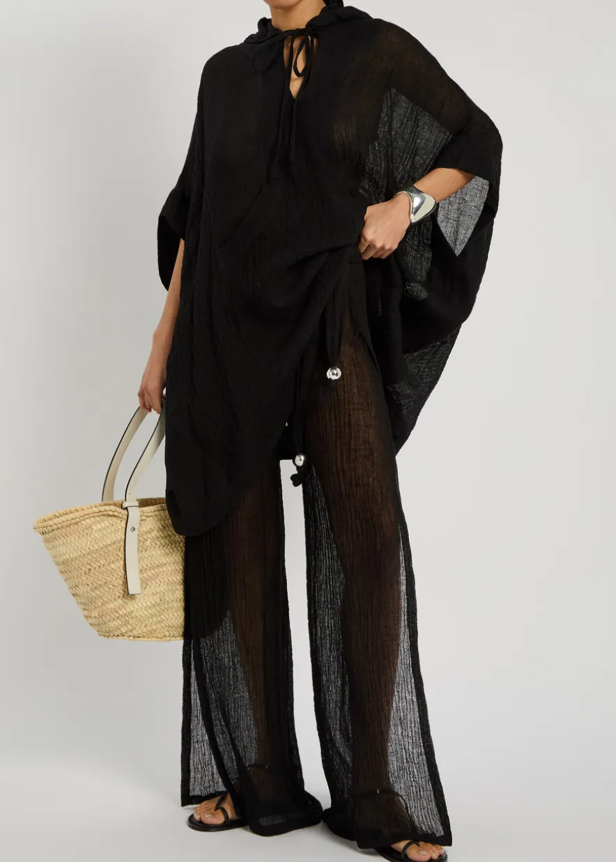 Hooded linen-blend beach poncho