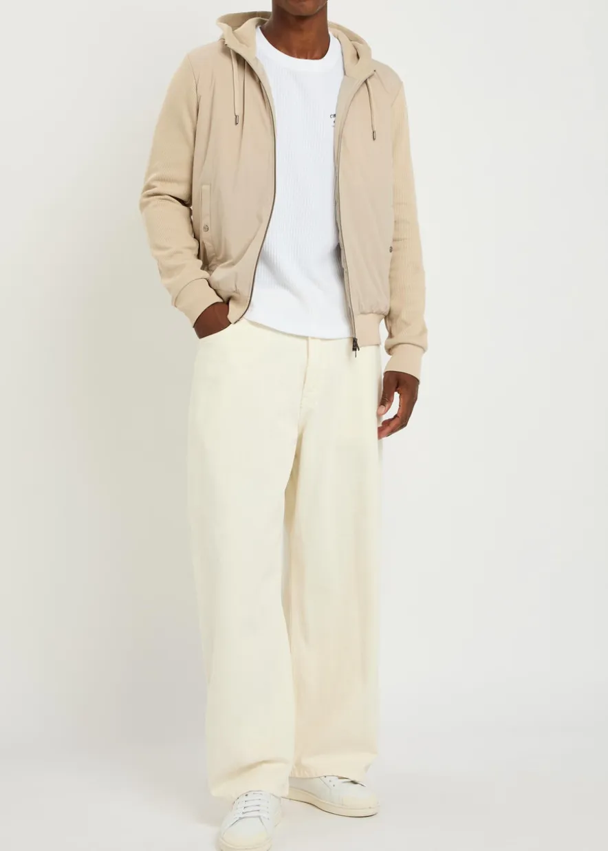 Hooded padded stretch shell and cotton-knit jacket