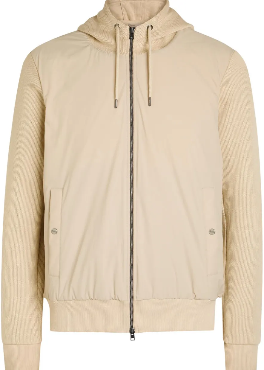 Hooded padded stretch shell and cotton-knit jacket
