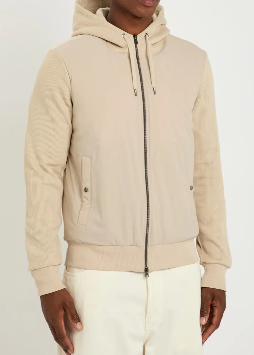 Hooded padded stretch shell and cotton-knit jacket