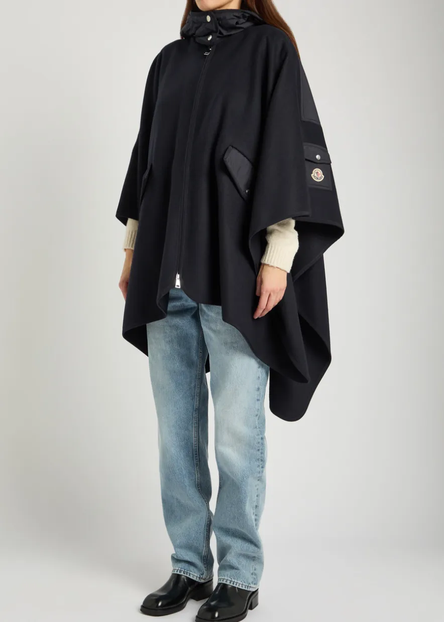 Hooded shell and wool-blend cape coat