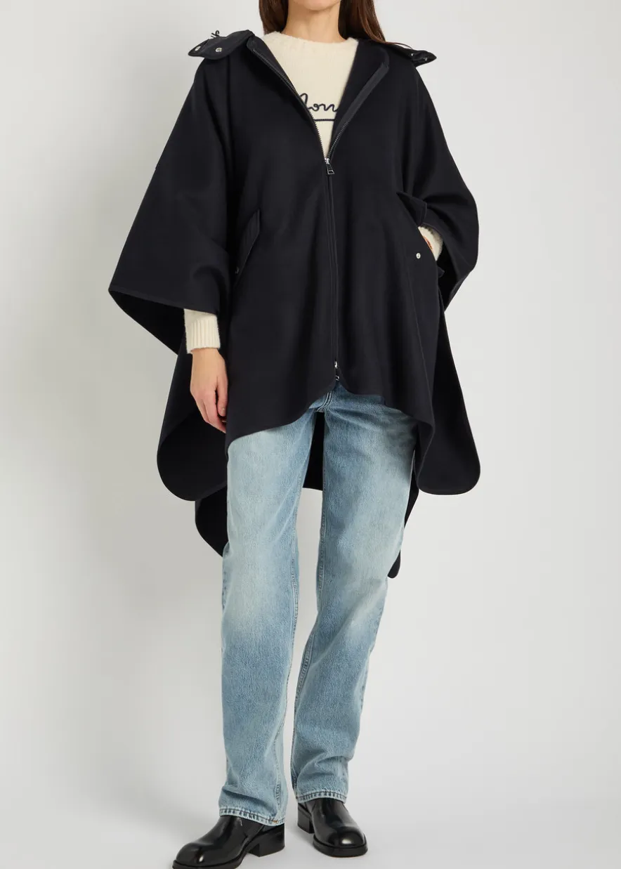 Hooded shell and wool-blend cape coat
