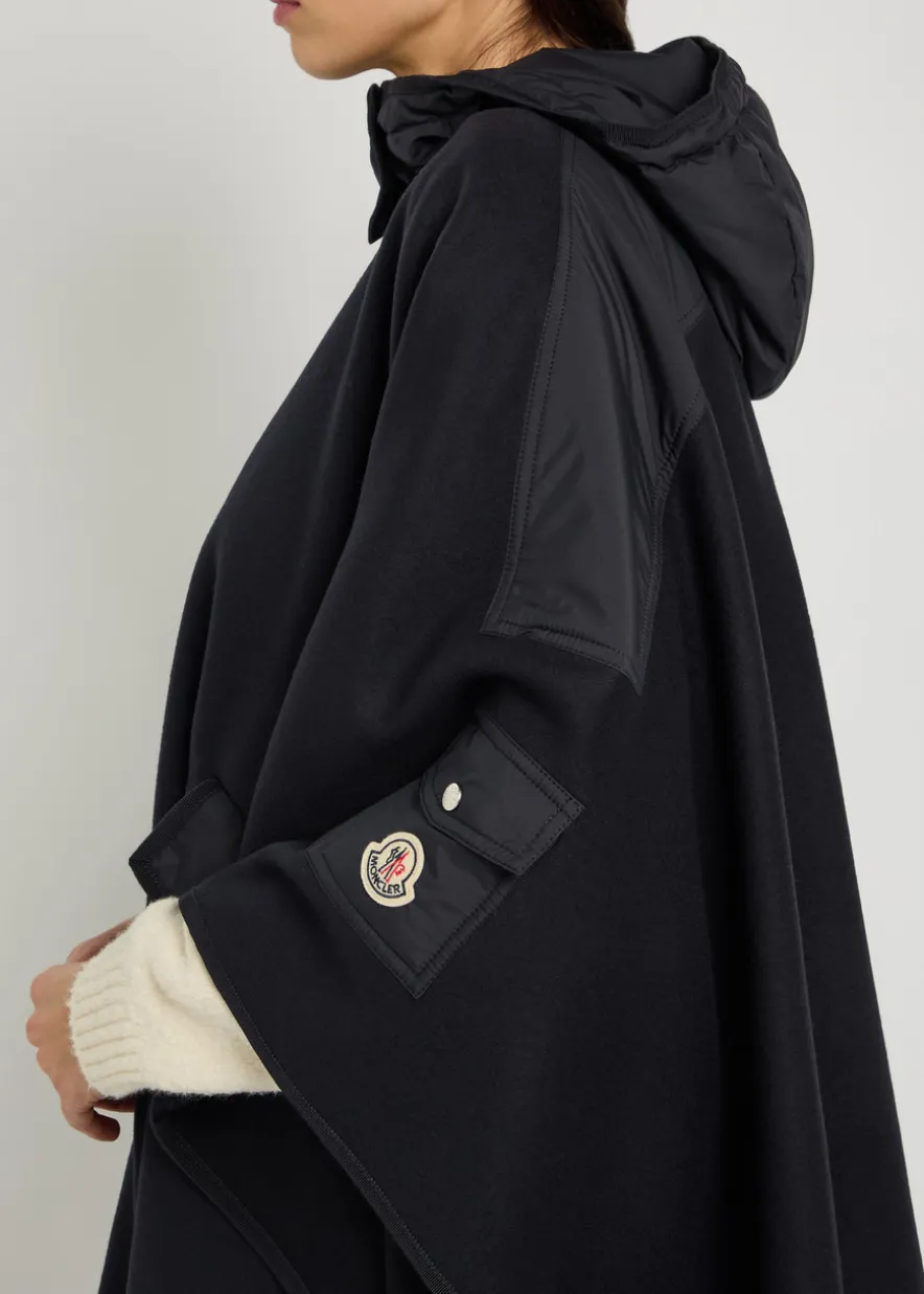Hooded shell and wool-blend cape coat