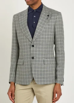 Houndstooth cotton and flax-blend blazer