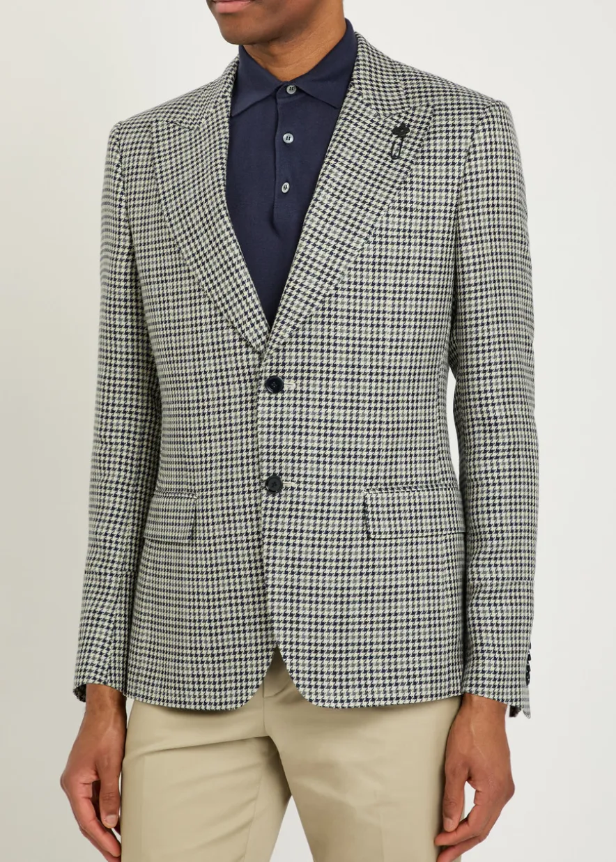 Houndstooth cotton and flax-blend blazer