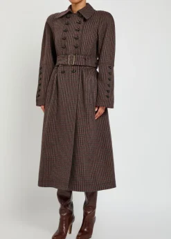 Houndstooth double-breasted belted wool coat
