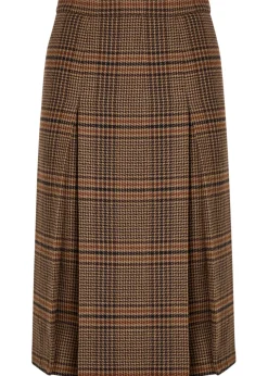 Houndstooth inverted-pleat wool midi skirt