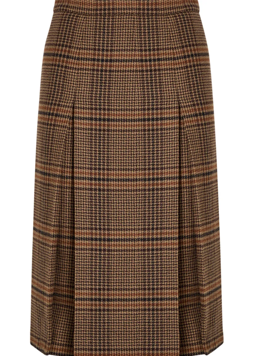 Houndstooth inverted-pleat wool midi skirt