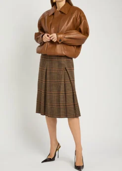 Houndstooth inverted-pleat wool midi skirt