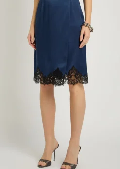 Iconic lace-trimmed satin knee-length wrap skirt