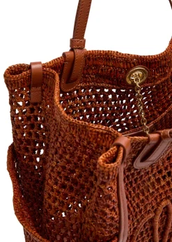 Iconic logo leather and raffia tote bag