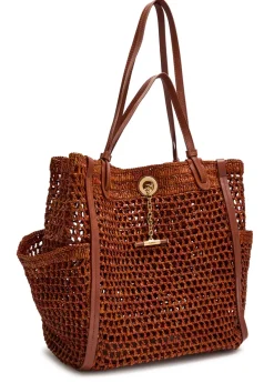 Iconic logo leather and raffia tote bag