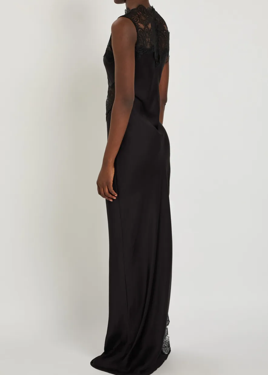 Jamila high-neck lace satin maxi dress