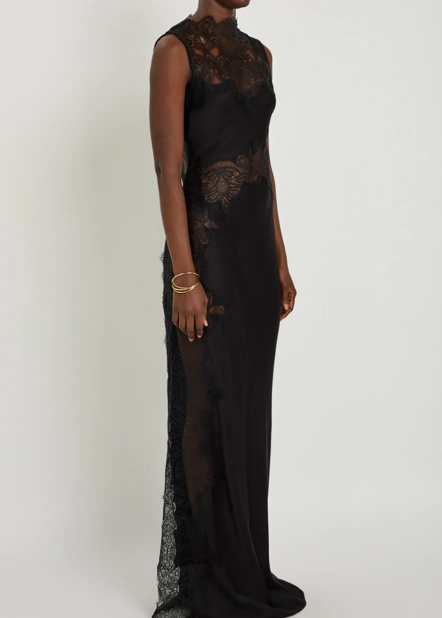 Jamila high-neck lace satin maxi dress