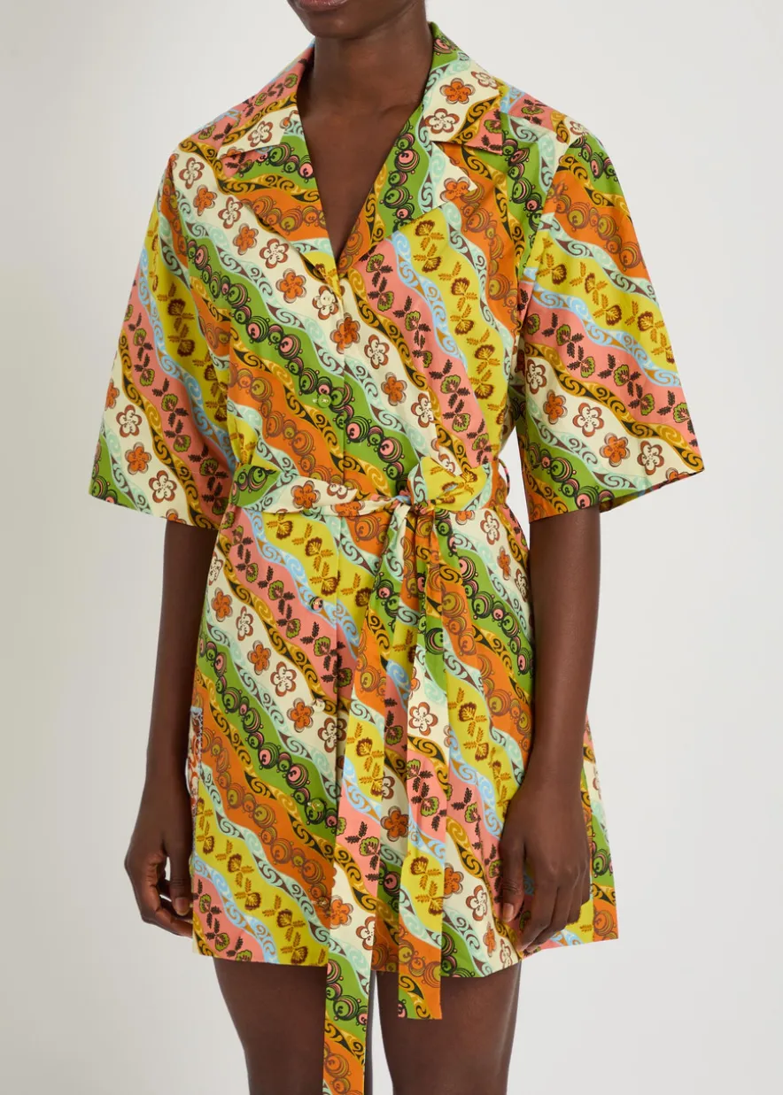 Janine printed belted cotton mini shirt dress