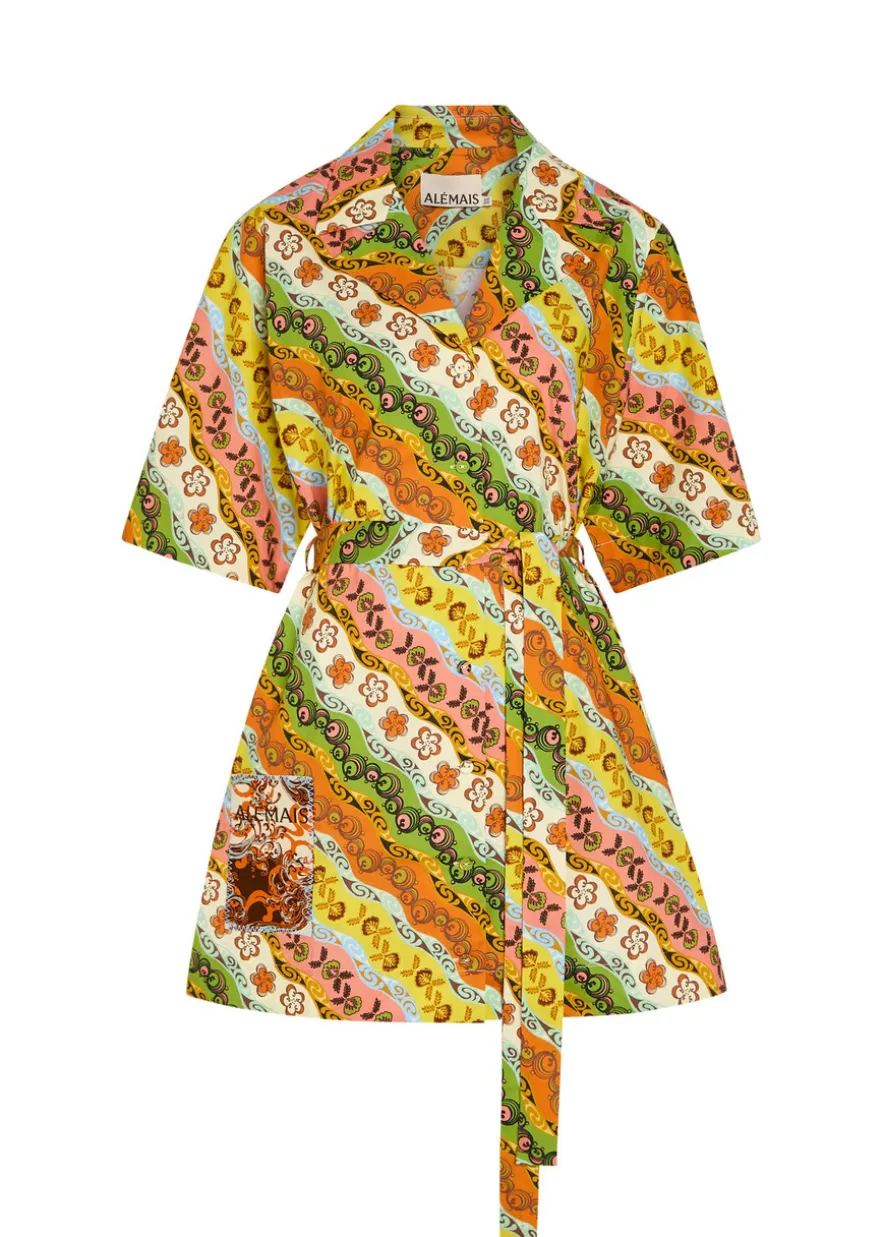 Janine printed belted cotton mini shirt dress