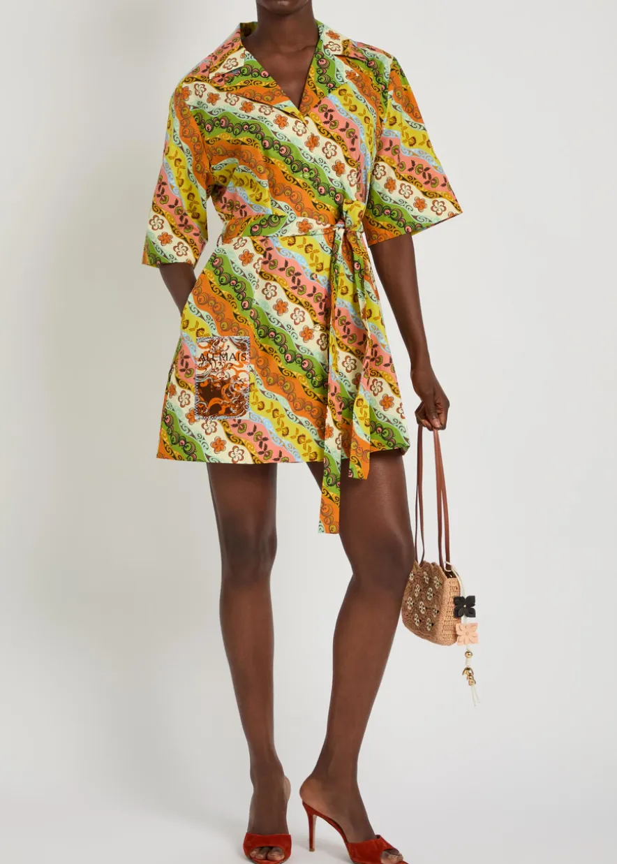 Janine printed belted cotton mini shirt dress