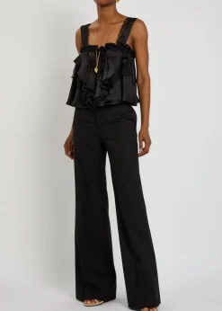 Lace-embellished ruffled silk blouse