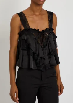 Lace-embellished ruffled silk blouse
