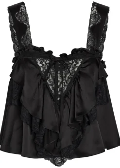 Lace-embellished ruffled silk blouse