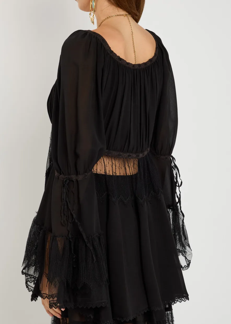 Lace-embellished silk-chiffon blouse