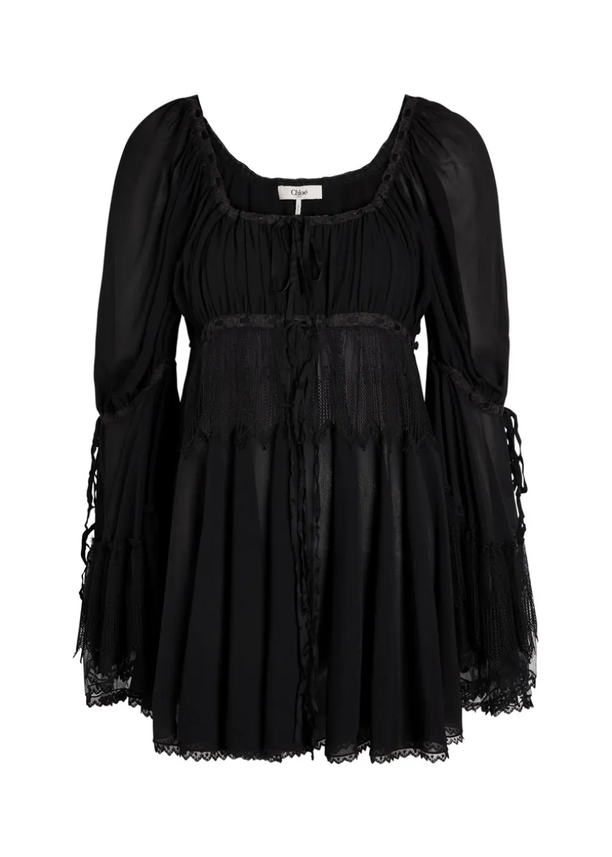 Lace-embellished silk-chiffon blouse