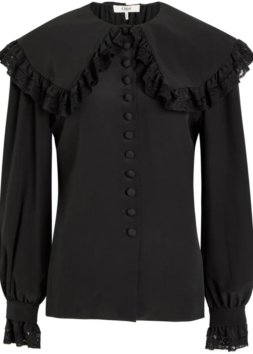 Lace-embellished silk-georgette blouse