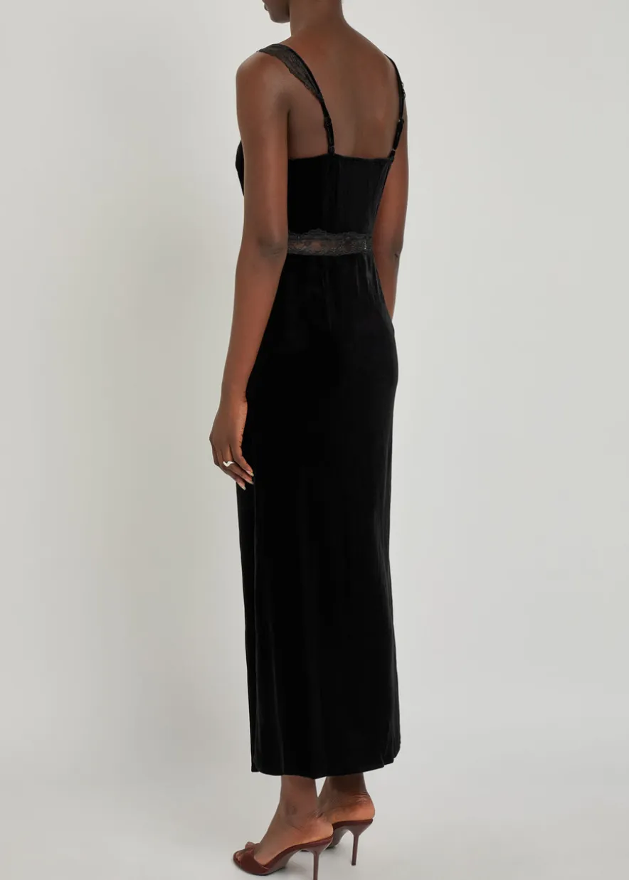 Lace-embellished velvet midi dress