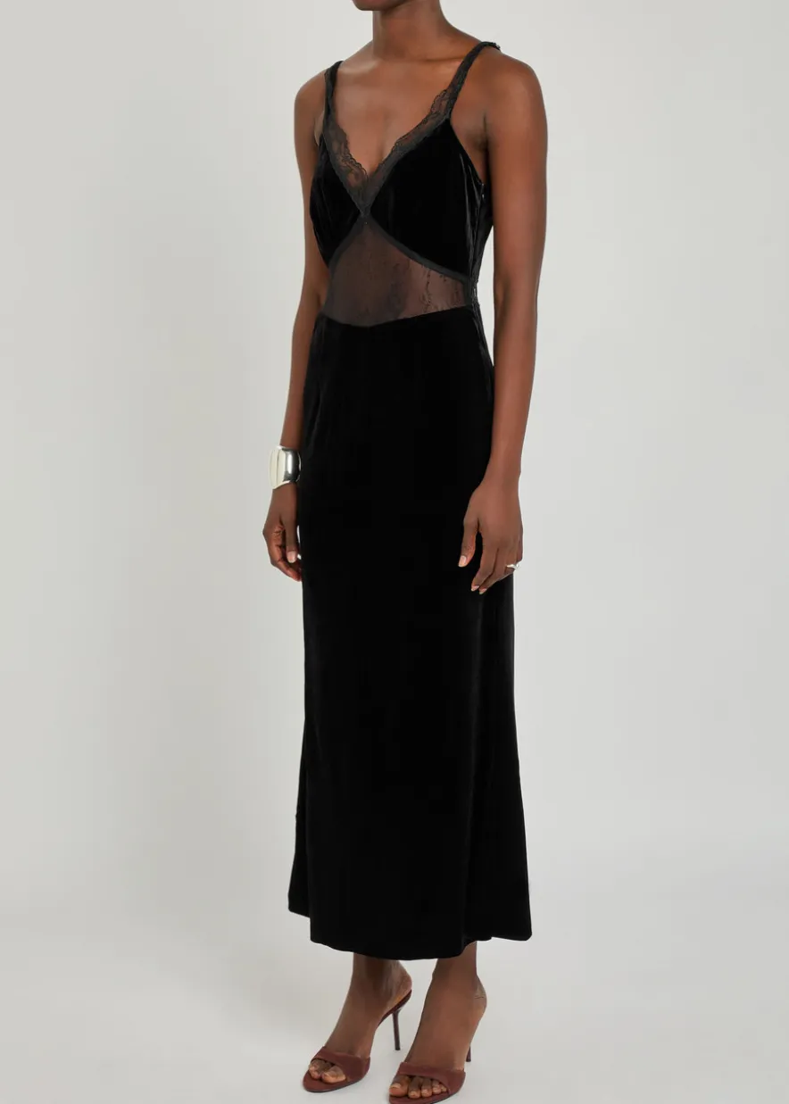Lace-embellished velvet midi dress