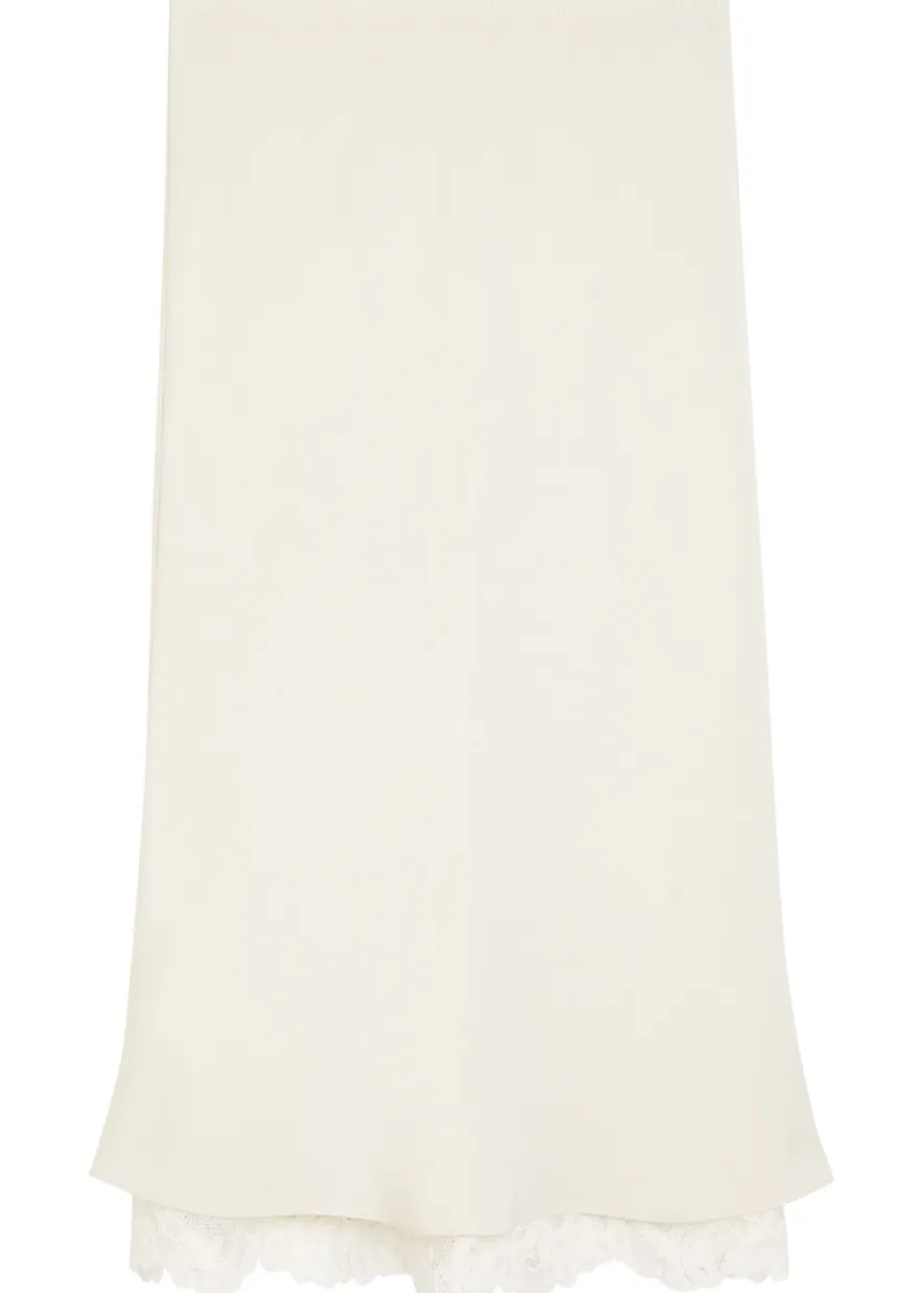 Lace-hem satin-twill midi skirt