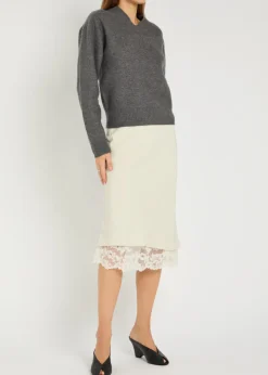 Lace-hem satin-twill midi skirt