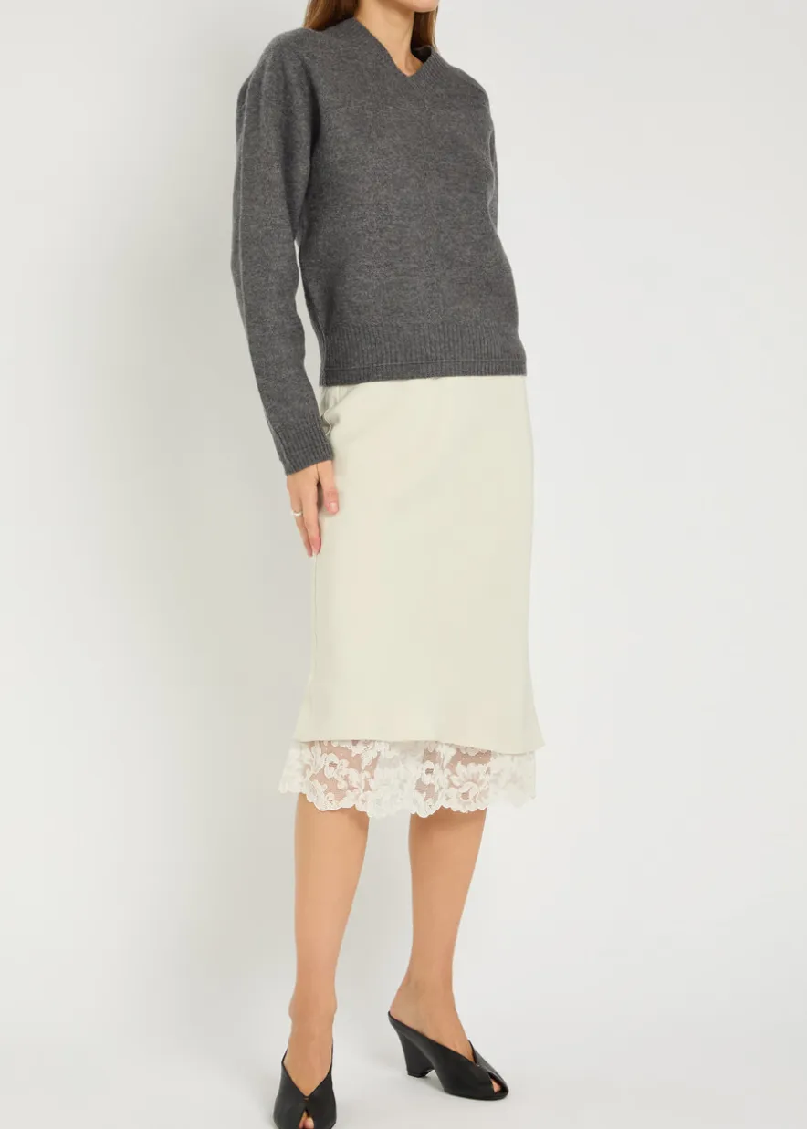 Lace-hem satin-twill midi skirt