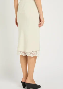 Lace-hem satin-twill midi skirt