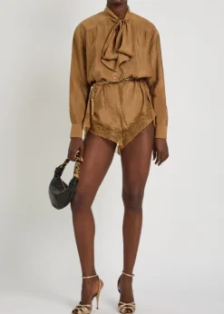 Lace-trim brushed satin playsuit