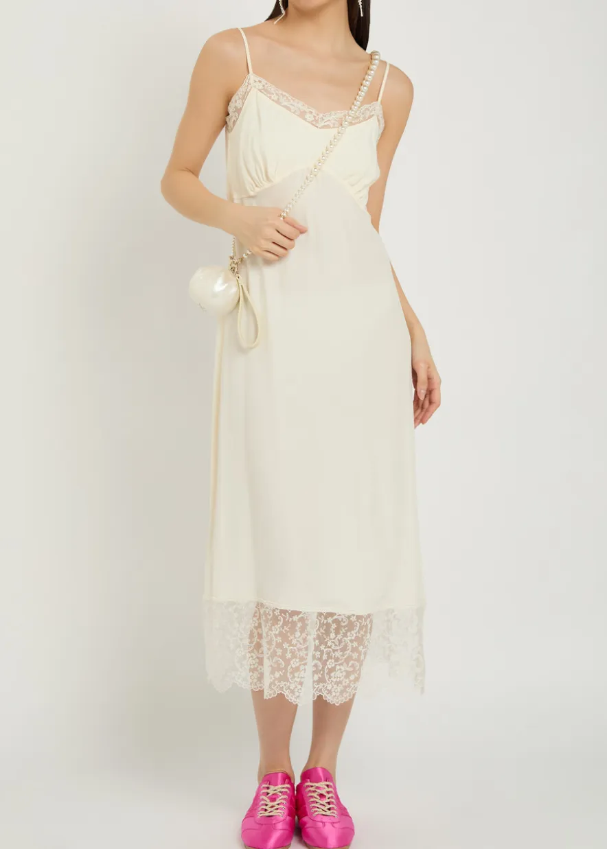 Lace-trimmed crepe de chine midi dress