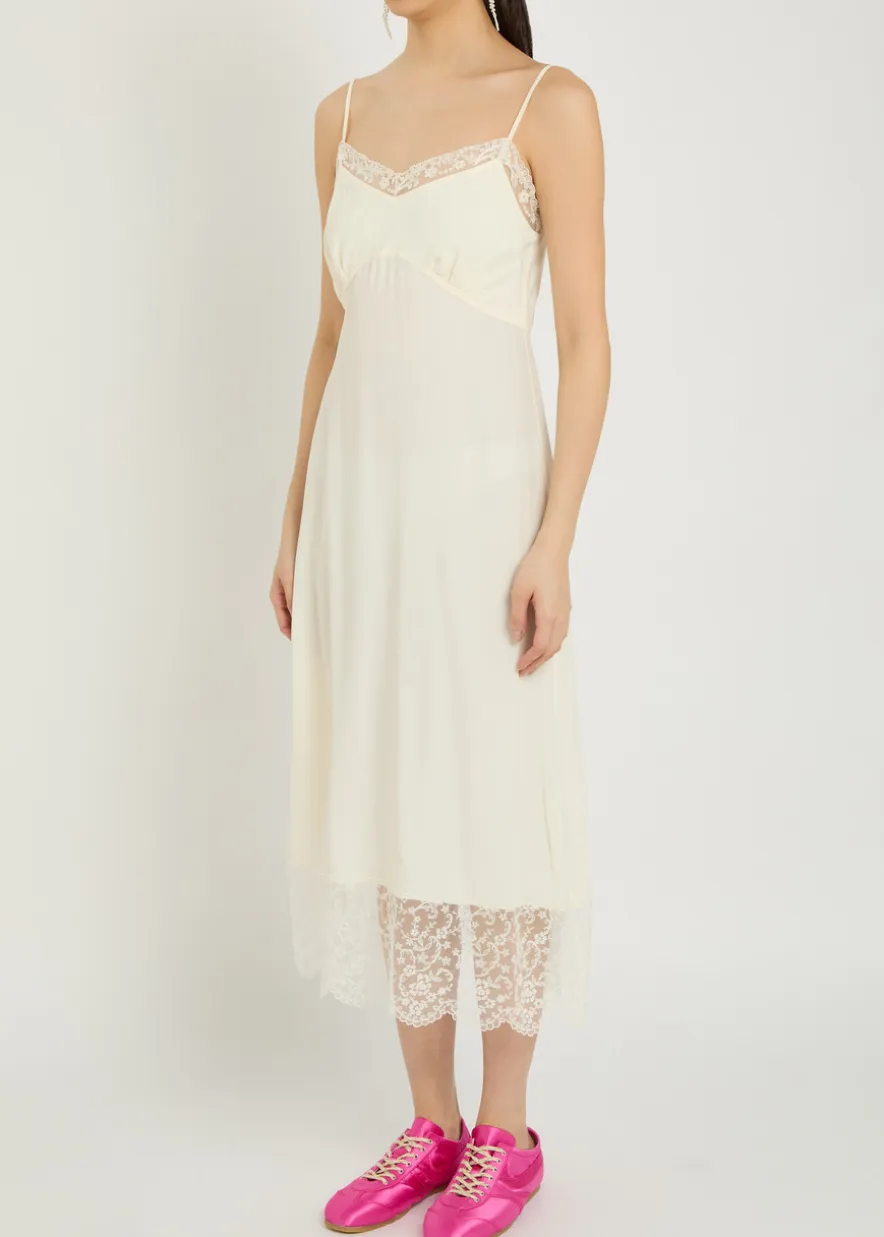 Lace-trimmed crepe de chine midi dress