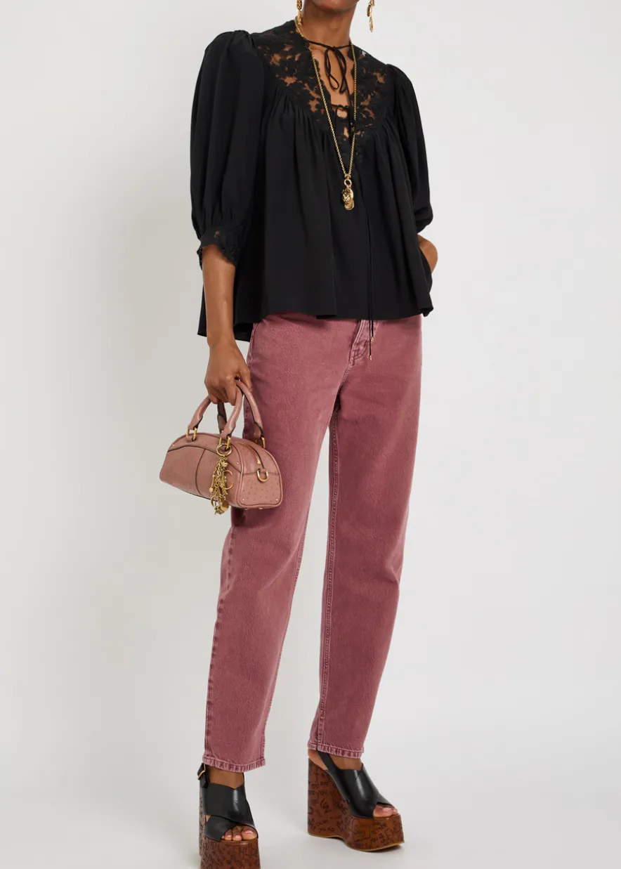 Lace-trimmed silk blouse