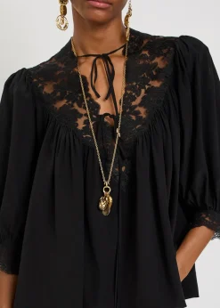 Lace-trimmed silk blouse