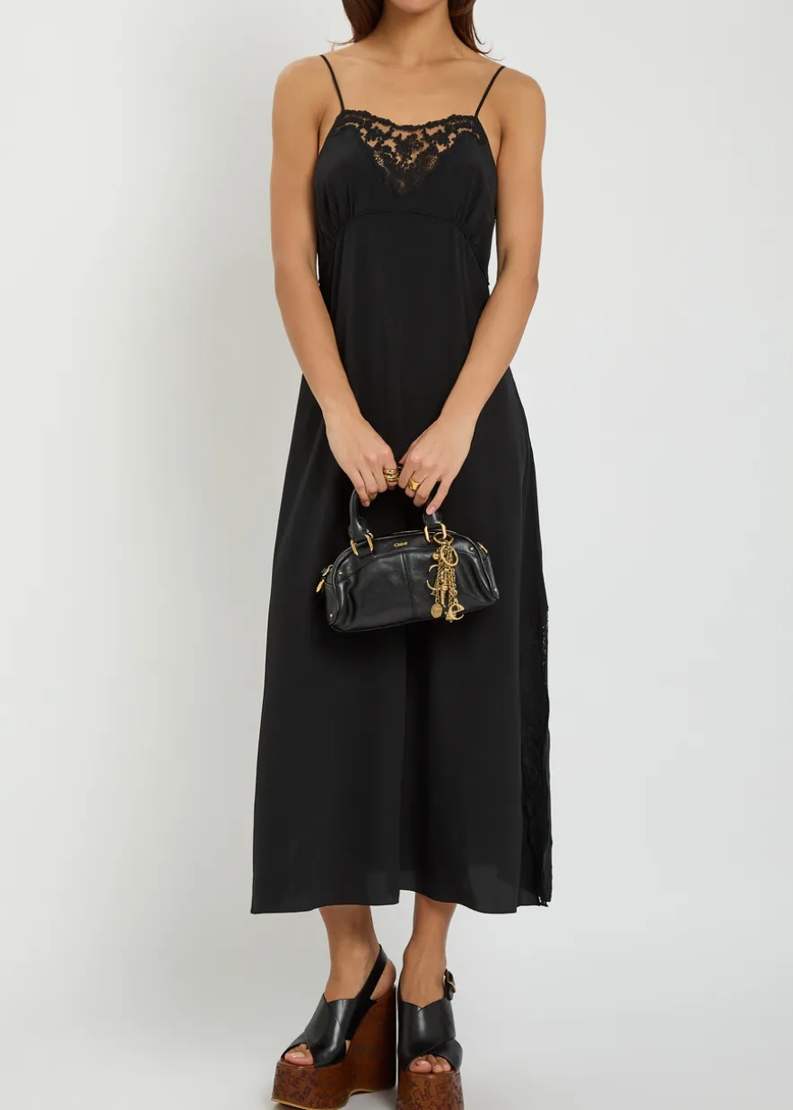Lace-trimmed silk midi dress
