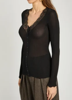 Lace-trim ribbed silk cardigan