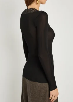 Lace-trim ribbed silk cardigan