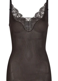 Lace-trim ribbed silk tank top