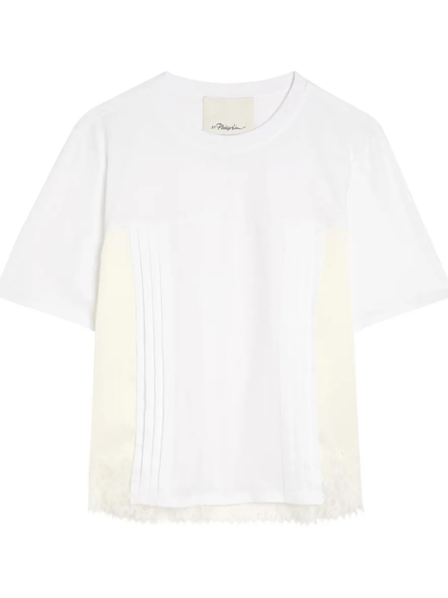 Lace-trim satin and cotton T-shirt