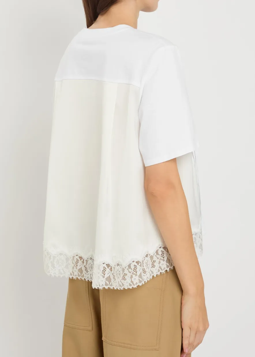 Lace-trim satin and cotton T-shirt
