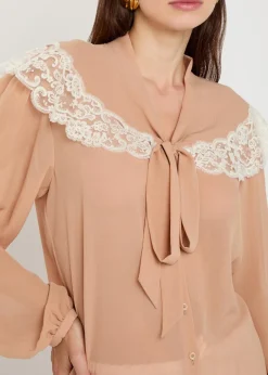 Lace-trim silk-georgette blouse