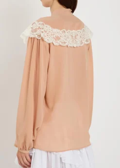 Lace-trim silk-georgette blouse